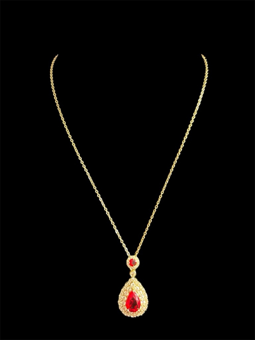 Red Crystal Teardrop Pendant 18K Gold Plated Necklace - Picture 4 of 5